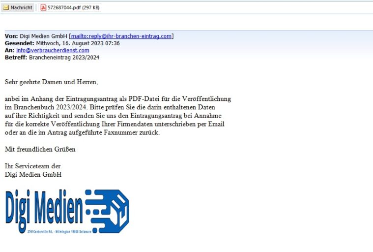 Screenshot Email Digi Medien GmbH / August 2023