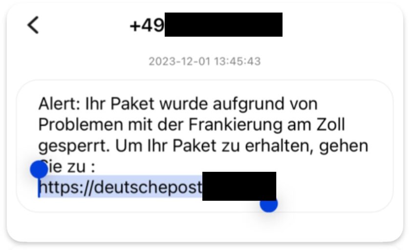 Screenshot: "Deutsche Post Betrug SMS"